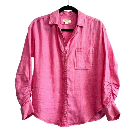 Anthropologie Maeve Linen Ruched Sleeve Button Down Shirt Pink XXS - Picture 3 of 11
